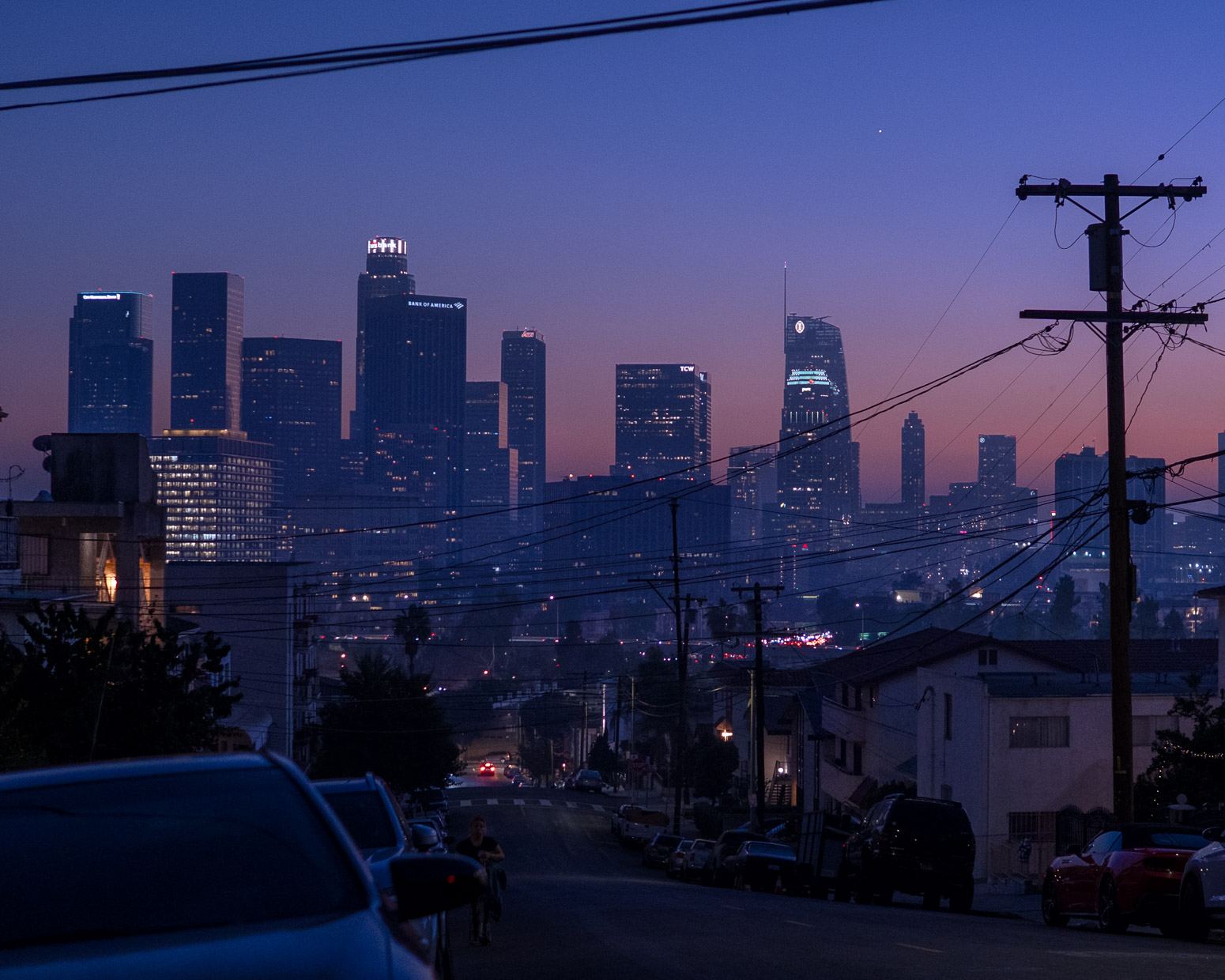 Downtown Los Angeles skyline at dusk seen from the hills